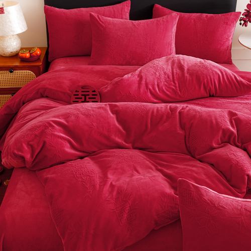 冬季加厚牛奶绒结婚四件套红色珊瑚绒被套双面加绒喜被新婚庆床品