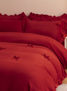 冬季加厚结婚四件套牛奶绒2025新款喜被红色新婚庆珊瑚绒床上用品