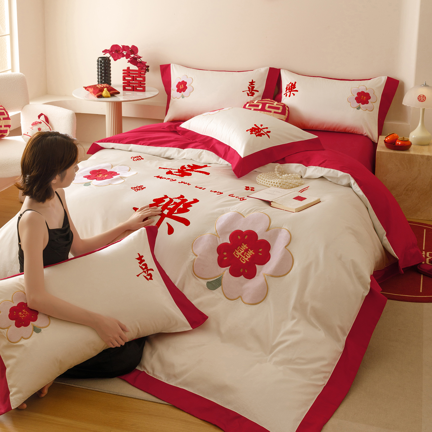 简约结婚四件套婚庆红色刺绣被套纯棉床单新婚房喜被床上用品备婚