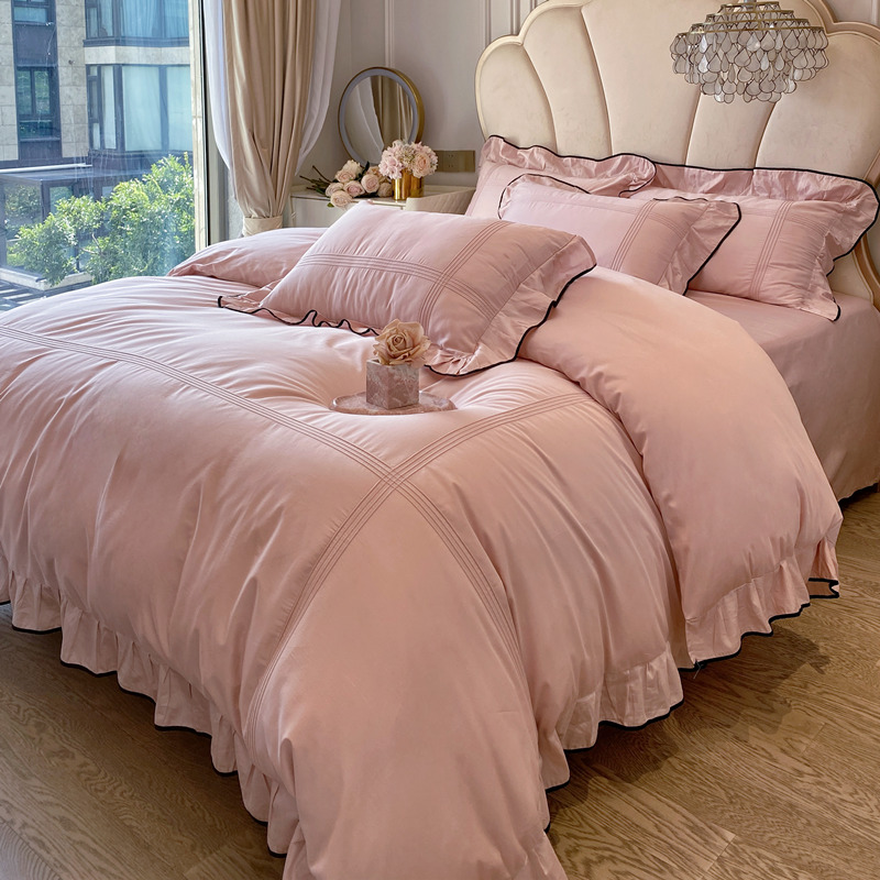 简约高级感A类纯棉四件套公主风被套纯棉磨毛床笠款纯色床上用品4