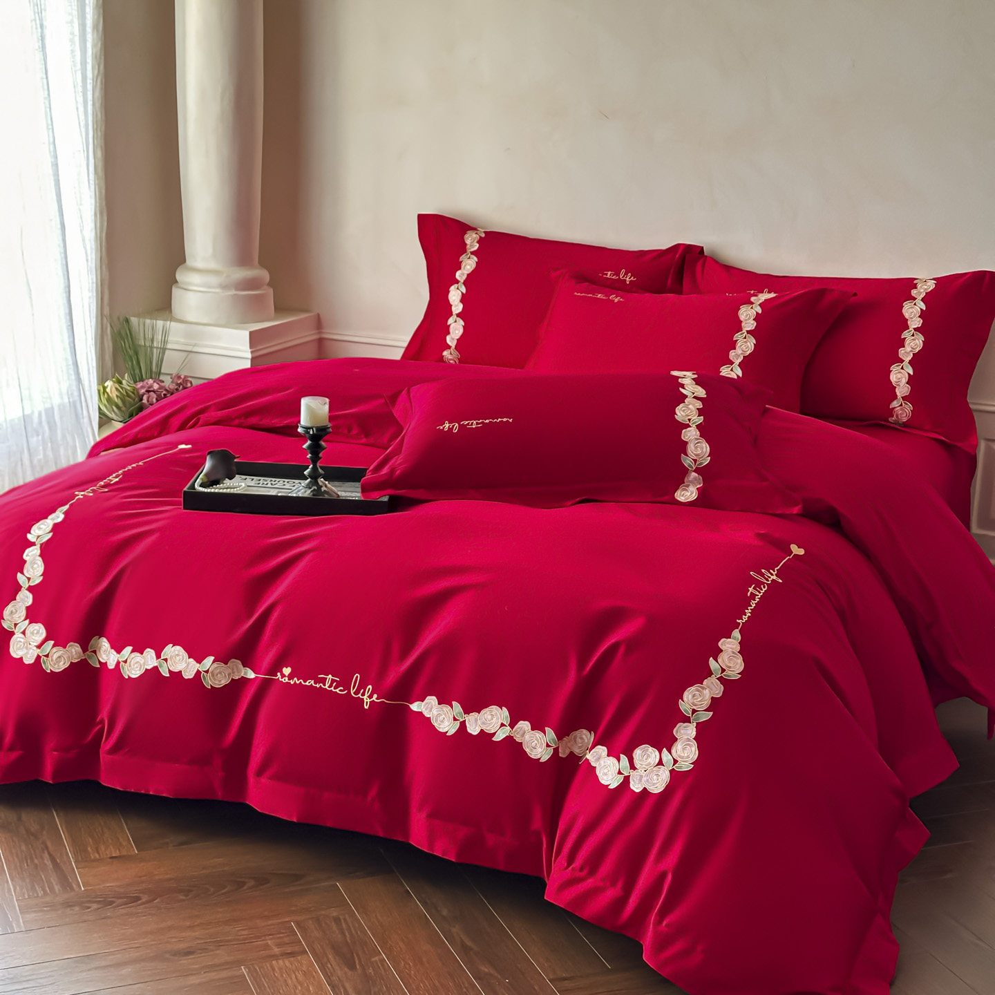 简约中式婚庆四件套红色纯棉全棉陪嫁新婚房被套喜庆结婚床上用品,床上用品,婚庆床品套件,淘宝优惠券,粉丝福利购,淘宝优惠卷