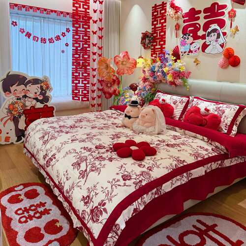 高档新中式印花结婚四件套红色喜被纯棉被套婚庆床单陪嫁婚房床品