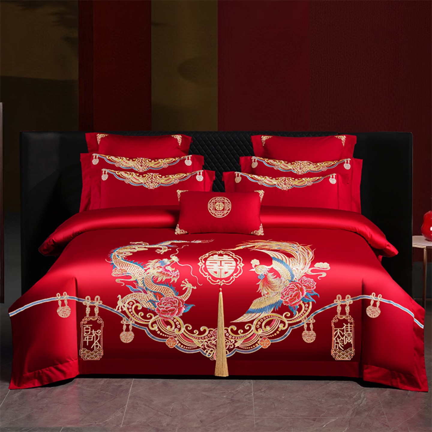 高档中式大红色婚庆四件套结婚陪嫁龙凤刺绣被套喜被新婚床上用品