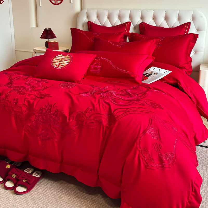 高端180支结婚四件套喜庆龙凤刺绣被套备婚六件套新婚庆床上用品4,床上用品,婚庆床品套件,淘宝优惠券,粉丝福利购,淘宝优惠卷
