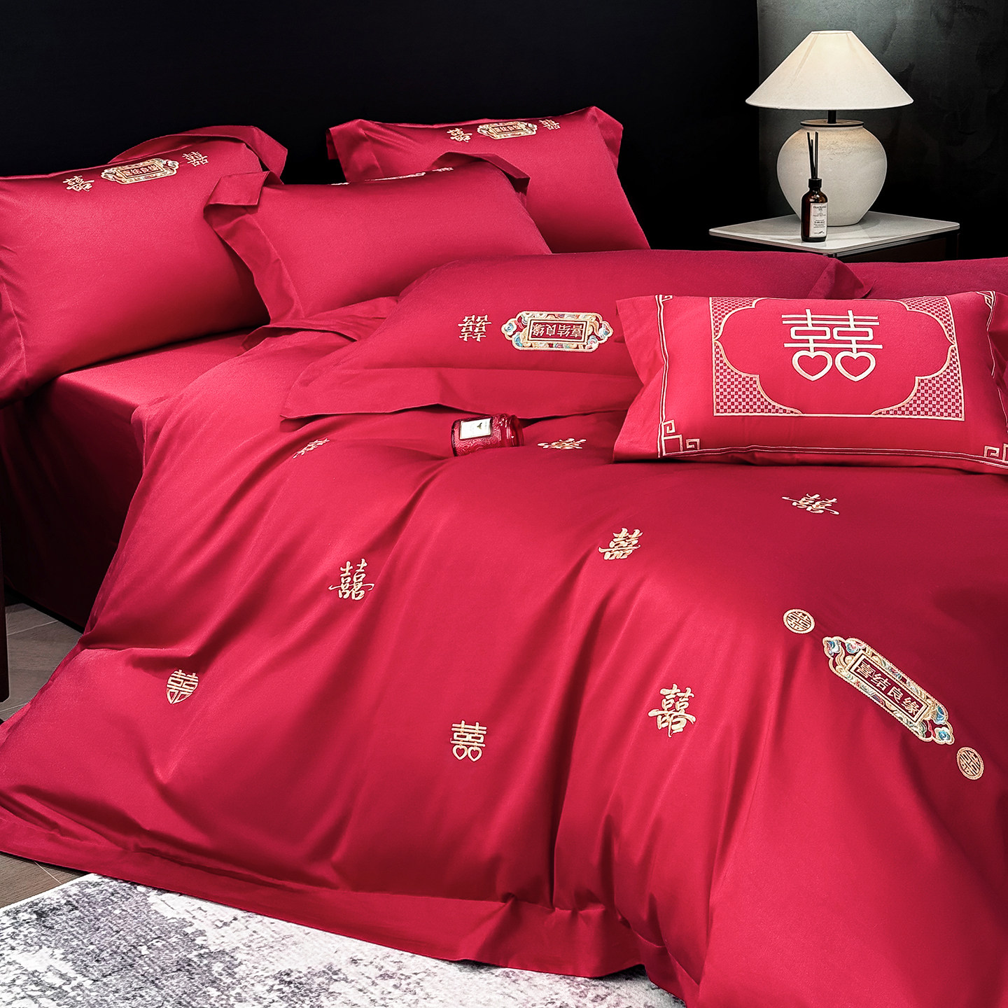 高档中式双喜刺绣结婚四件套大红色纯棉被套喜被婚房婚庆床上用品