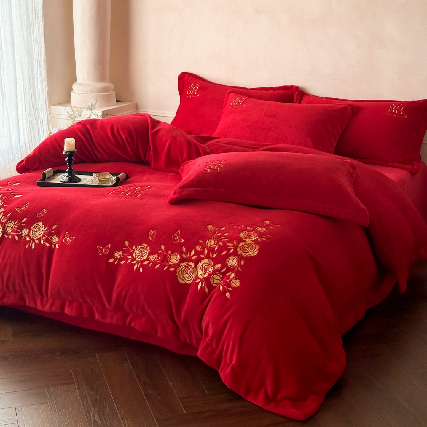 高端婚庆四件套加厚牛奶绒被套大红色床单珊瑚绒结婚喜庆床品陪嫁