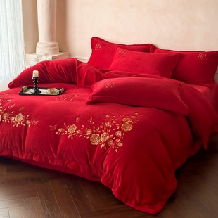 高端婚庆四件套加厚牛奶绒被套大红色床单珊瑚绒结婚喜庆床品陪嫁
