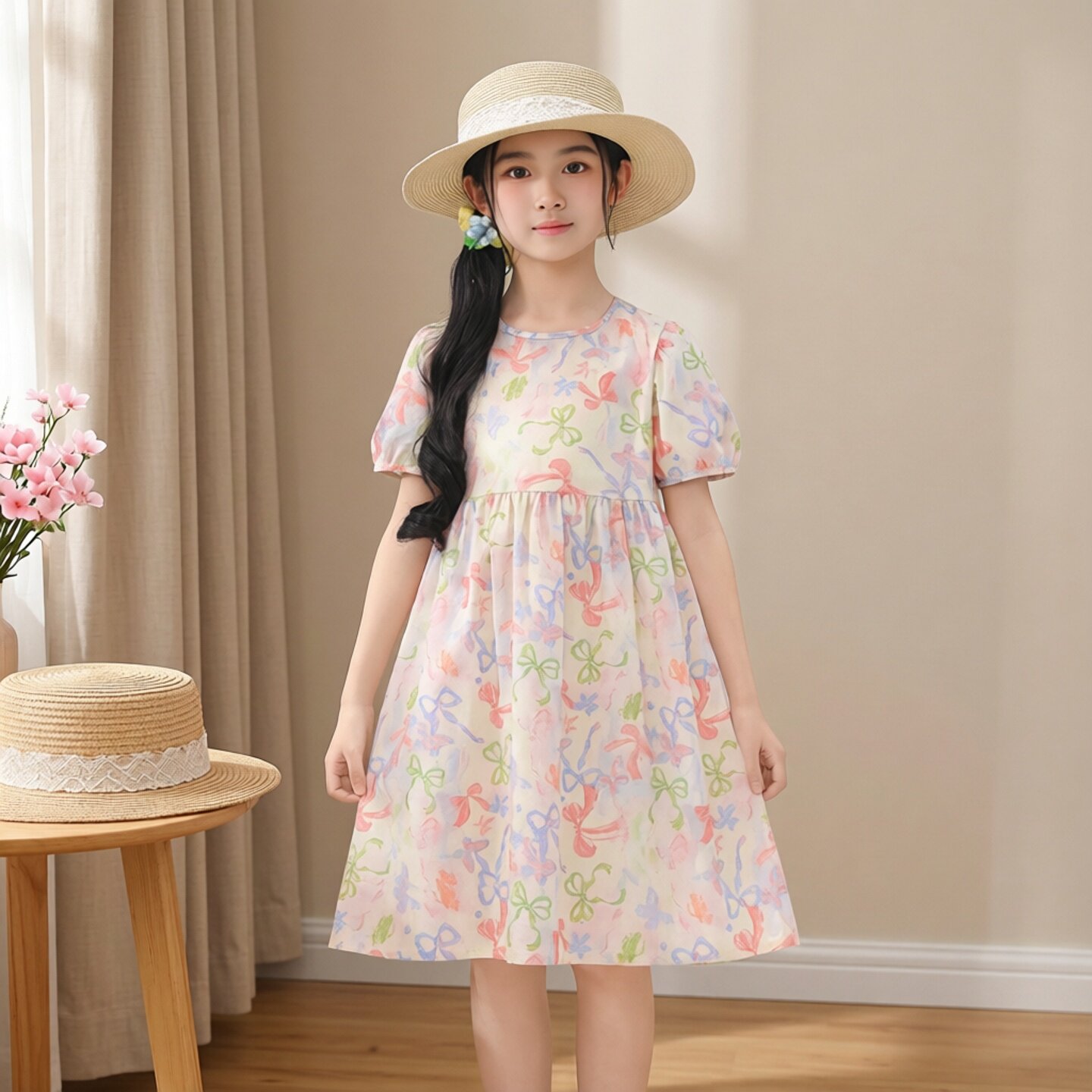 儿童连衣裙夏季童装公主裙中大童棉绸短袖家居服睡裙女孩碎花裙子