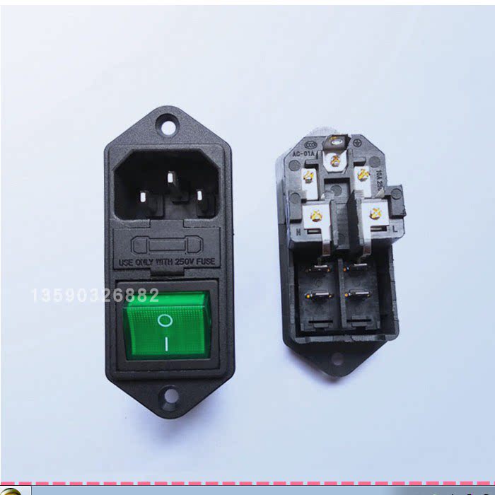 ac-01a三合一双保险丝插座 锁螺丝配绿灯开关电源插座医疗机器10a