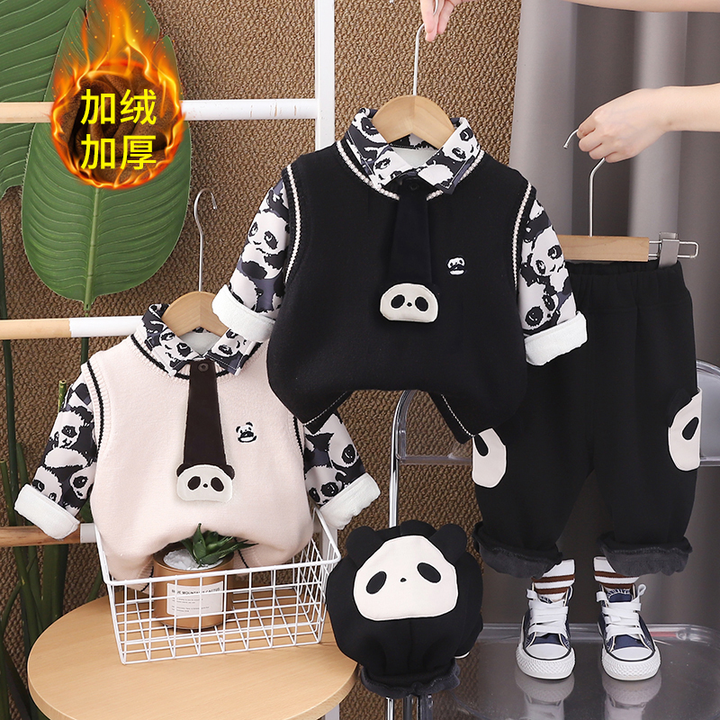 男童冬装1-3岁小宝宝加绒毛衣马甲三件套婴儿洋气加厚套装新生儿2