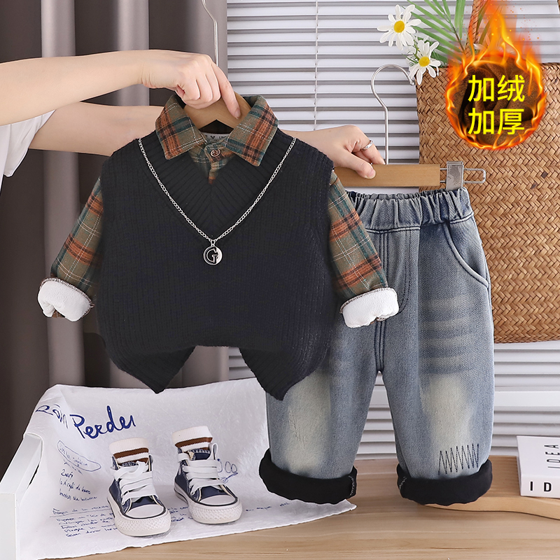 儿童冬装1-3-4岁男宝宝加绒毛衣马甲三件套小童洋气加厚套装婴儿2