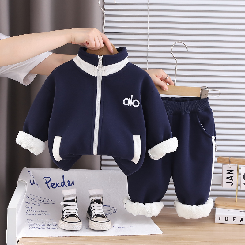 儿童冬装2025新款男宝宝加绒卫衣套装小童洋气一体绒休闲运动两件