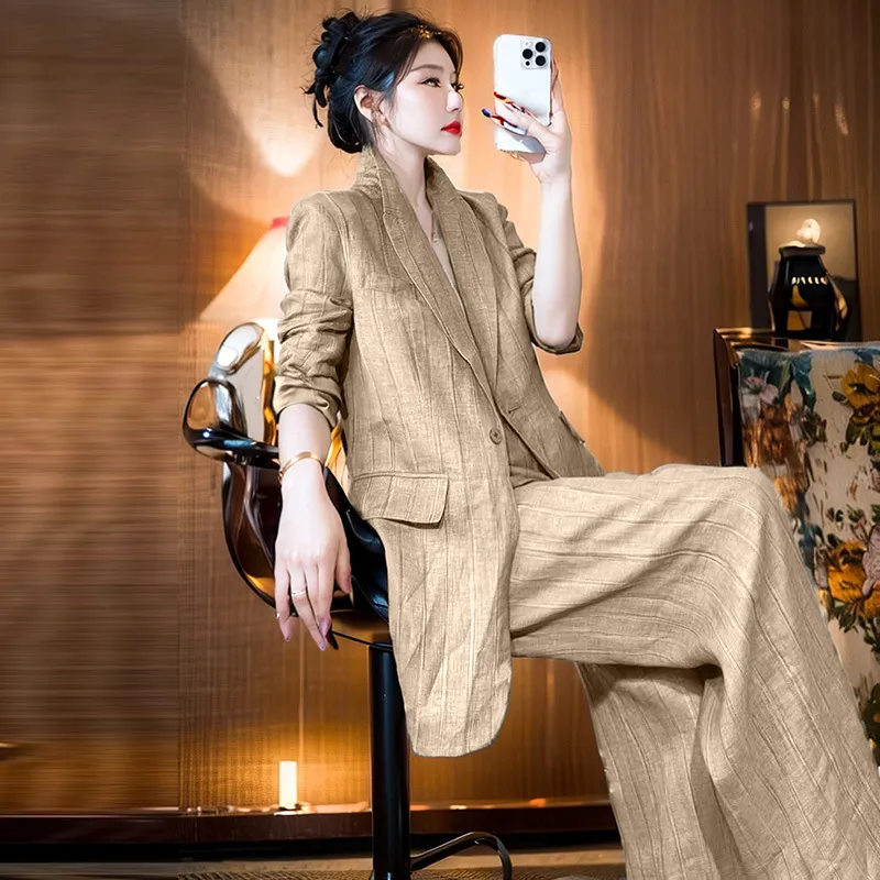 大码女棉麻西装两件套春夏透气