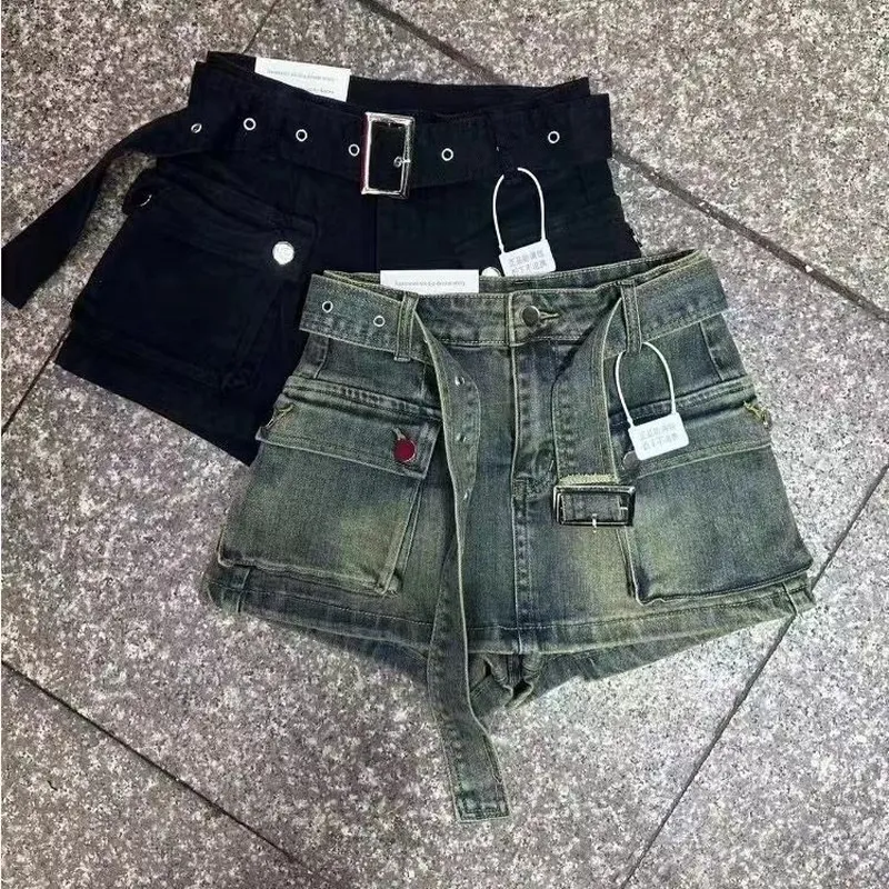 美式复古高腰牛仔工装短裤女提臀