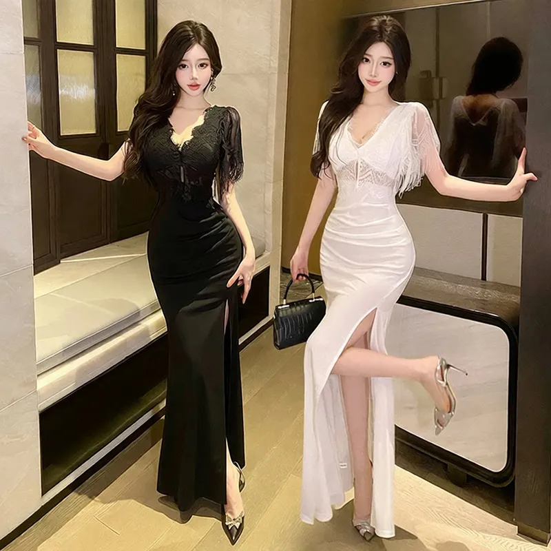 性感深V网纱修身显瘦拖地礼服裙