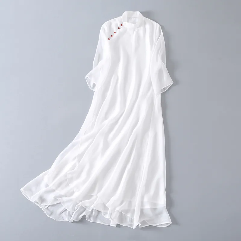 复古中国风白色七分袖茶服长裙