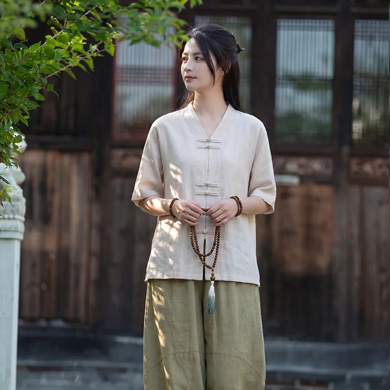 新中式棉麻盘扣短袖禅意女衬衫