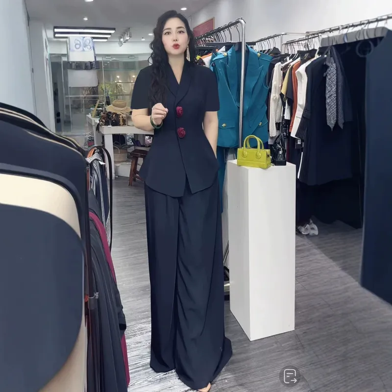 3049大码女装高级感短袖薄款西装套装胖mm阔腿裤两件套韩版职业
