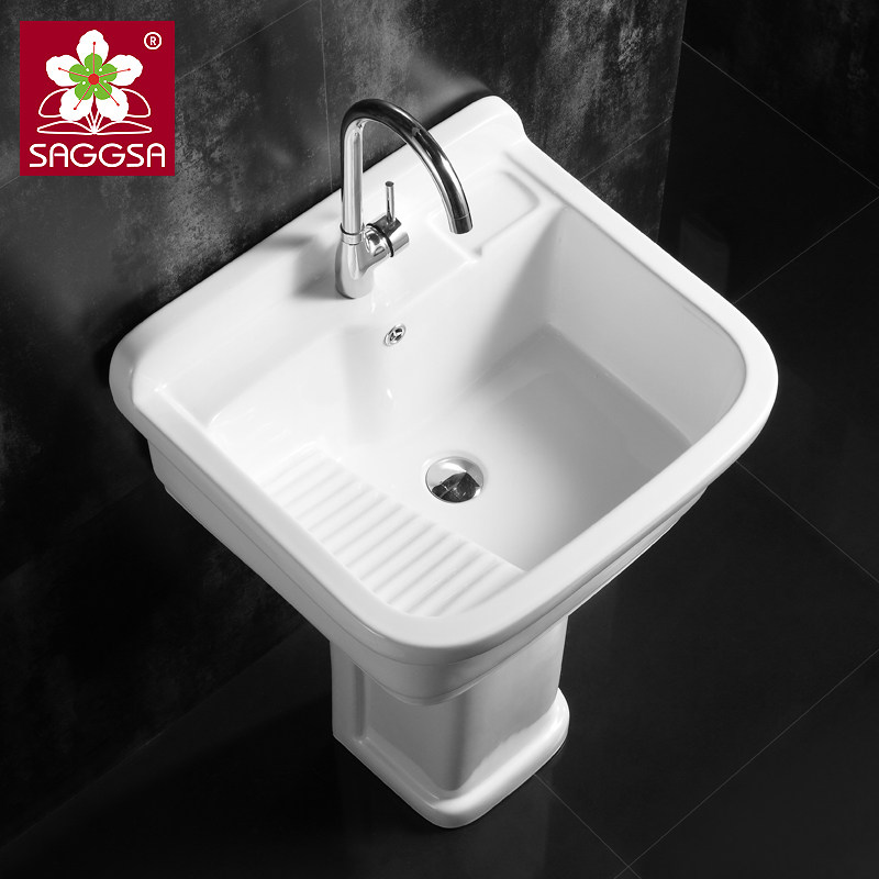 SAGGSA陶瓷洗衣盆阳台户外庭院洗衣池带搓衣板落地式立柱水槽水池