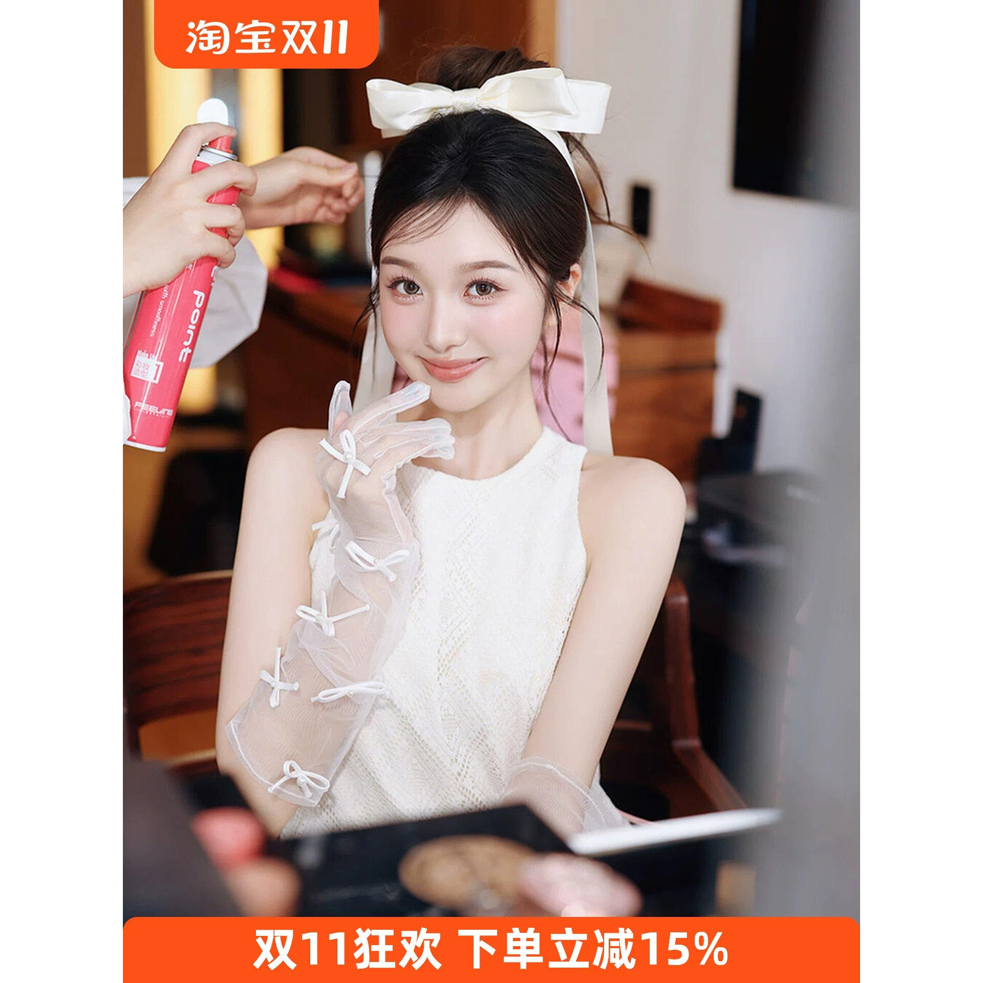 婚纱手套蕾丝网纱白色蝴蝶结中长款新娘结婚晨袍饰品造型礼服配饰
