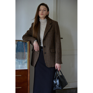 masbello秋冬法式通勤复古宽松格纹羊毛粗纺西装高级感外套女棕色