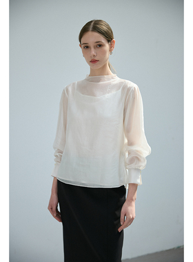 masbello高级清冷感天丝泡泡长袖雪纺衬衫女白色上衣法式防晒罩衫