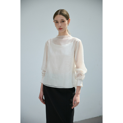 法式立领天丝泡泡长袖雪纺衬衫