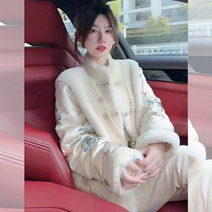 新中式国风白色棉衣棉服女款冬季高级感超好看加绒加厚羊羔毛外套