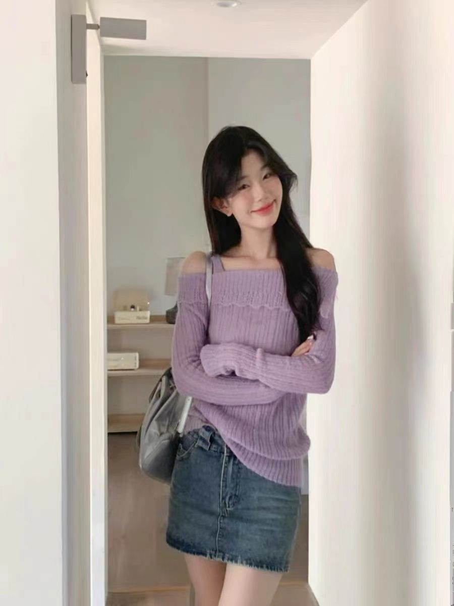 超好看紫色一字肩毛衣纯欲风设计感吊带针织衫上衣女春季2025新款