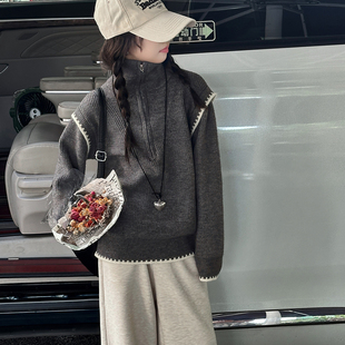 女童毛衣秋冬2025新款时髦洋气儿童半拉链高领宽松韩系针织打底衫