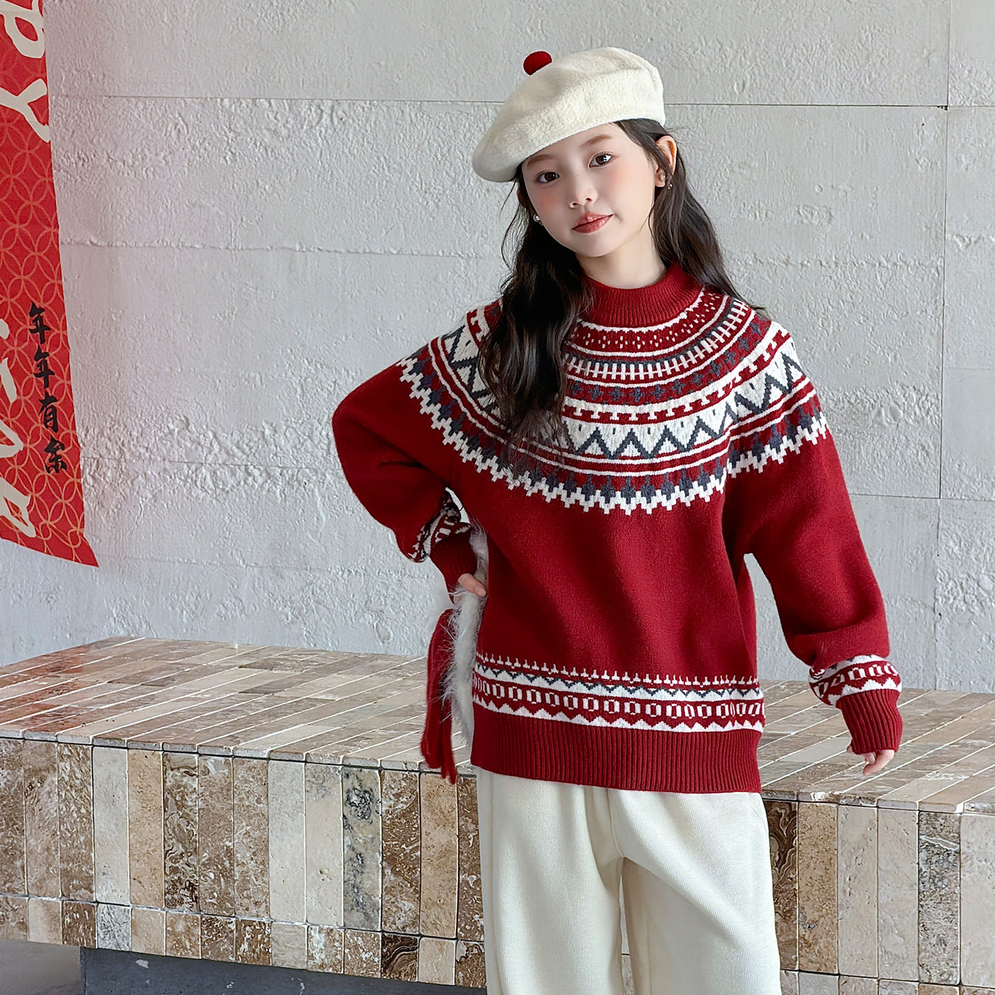 女童毛衣冬加厚儿童红色针织衫圣诞秋冬中大童冬季线衣打底内搭新