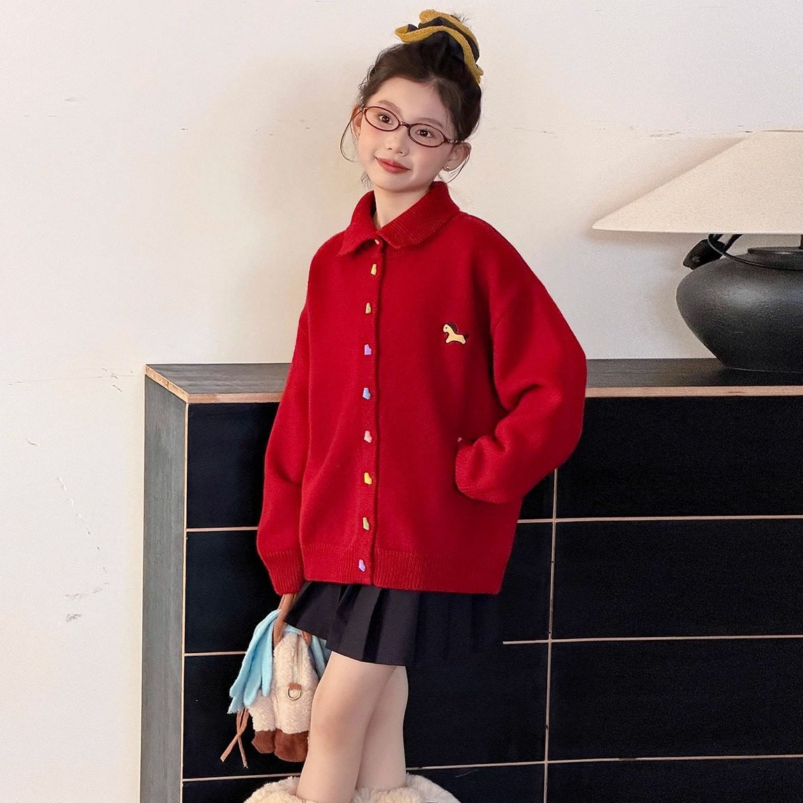 女童红色本命年毛衣开衫冬加厚儿童马上有钱针织毛线衣外穿新年款