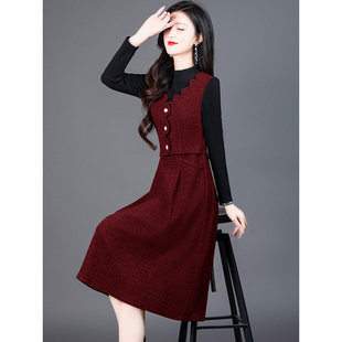 法式连衣裙2025新款秋冬女装气质拼接假两件配大衣修身中长款裙子