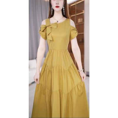 连衣裙2025新款今年流行爆款夏季斜领纯色收腰系带气质时尚中长款