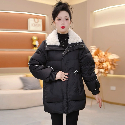2025新款今年流行爆款保暖翻白毛领中长款拼色时尚羽绒服宽松冬季