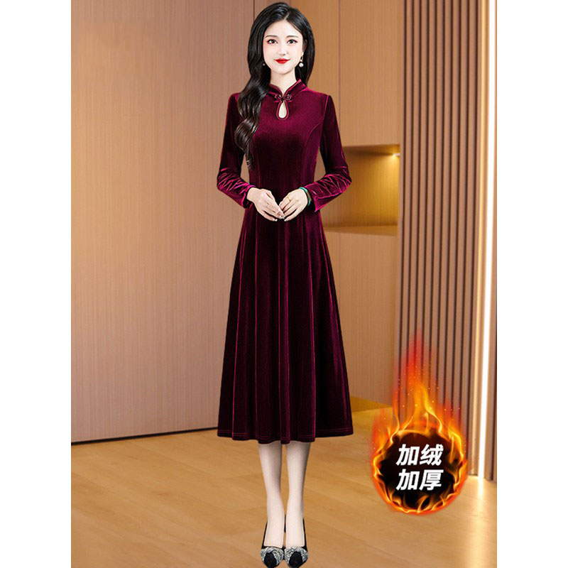 喜婆婆婚宴装礼服加绒加厚金丝绒旗袍打底连衣裙秋冬高贵洋气妈妈