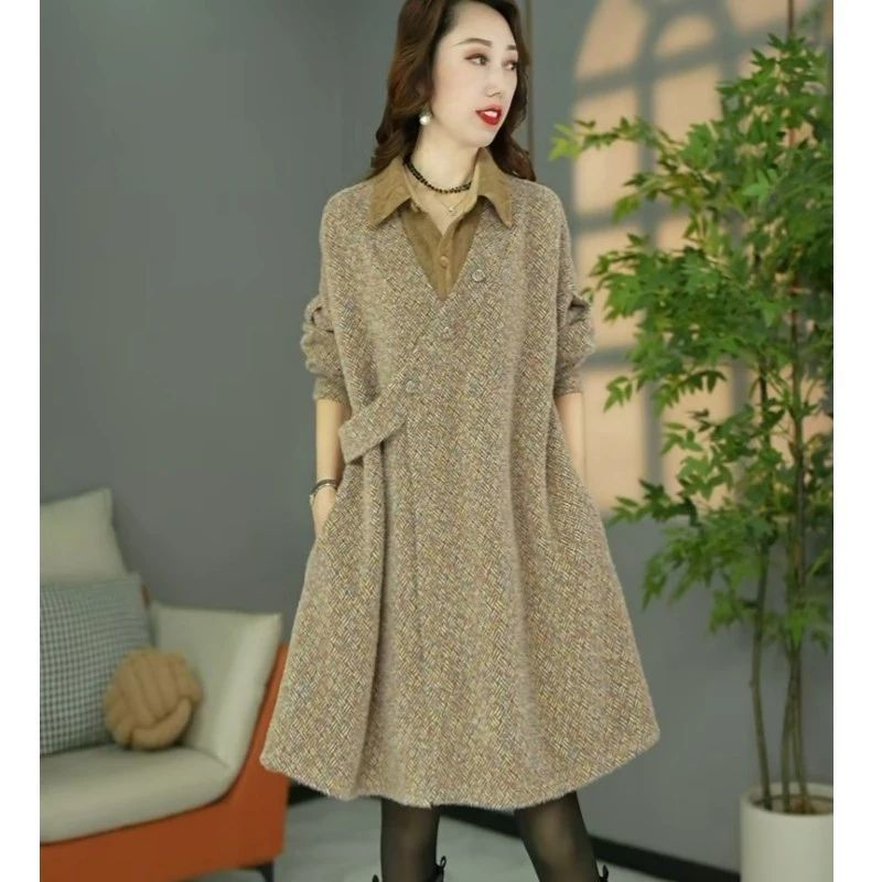 连衣裙2025新款今年流行爆款冬季加厚保暖假两件宽松遮肉打底裙