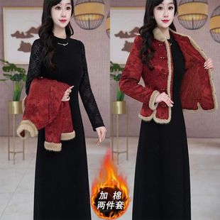 红色喜庆优雅收腰显瘦保暖套裙 两件套冬季 2025新款 今年流行爆款