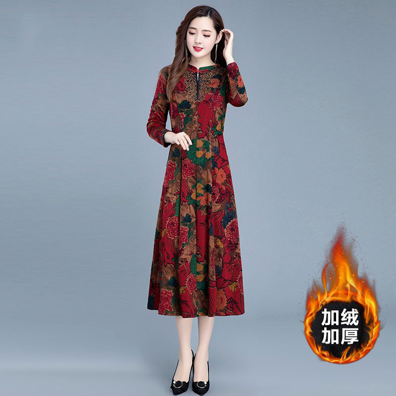 高端加绒加厚旗袍打底连衣裙女秋冬季高贵中年妈妈广州十三行洋气