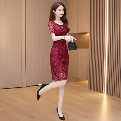 高端喜婆婆婚宴装礼服小个子洋气红色刺绣连衣裙子女夏季高贵妈妈