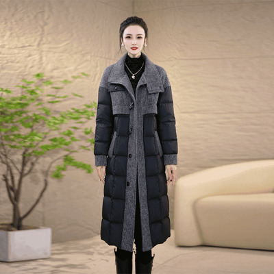 女士羽绒服冬季2025新款今年流行爆款高端拼接毛呢长款外套