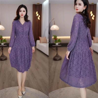 连衣裙2025新款今年流行爆款秋款紫色V领打底简约干练打底女士