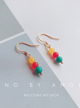 2022年天然红色玛瑙红黄绿镀金松石耳环高级感耳坠女气质新款大气