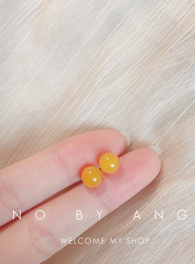 天然黄玉蜜蜡色耳钉简约时尚百搭玉石耳饰S925纯银小耳骨钉防过敏