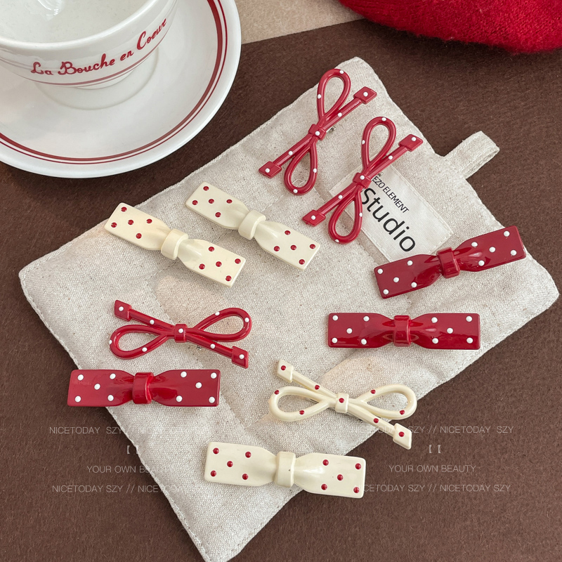 安可拉红波点蝴蝶结发夹女侧边碎发发卡前额刘海bb夹可爱夹子头饰