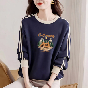 文艺减龄休闲显瘦上衣秋 印花拼色卫衣女新款 外贸出口正品 纯棉长袖