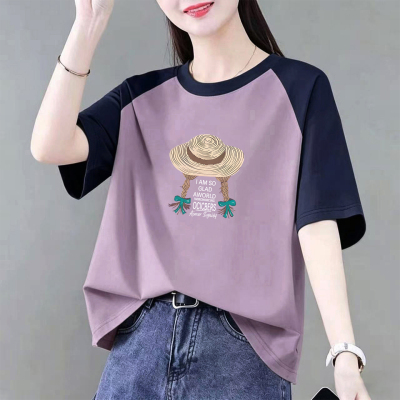 100%纯棉撞色短袖t恤女