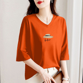 减龄内搭T恤上衣 外贸出口大牌清仓100%纯棉鸡心领女士印花七分袖