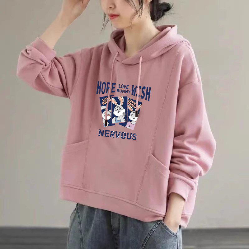 纯棉长袖连帽印花卫衣女