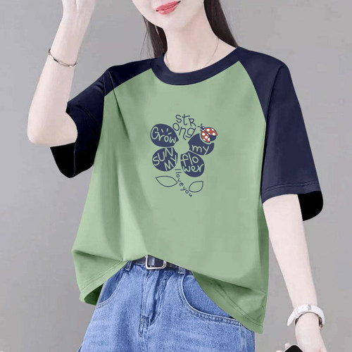 100%纯棉撞色短袖印花t恤女